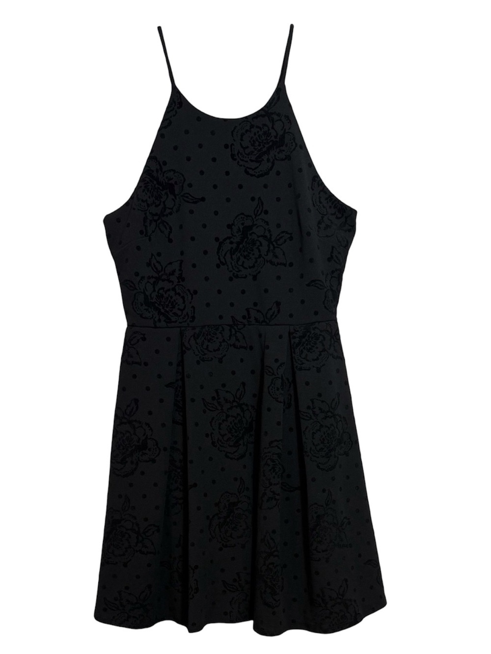 Aqua Black Flocked Floral Polka Dot Fit & Flare Skater Dress Large